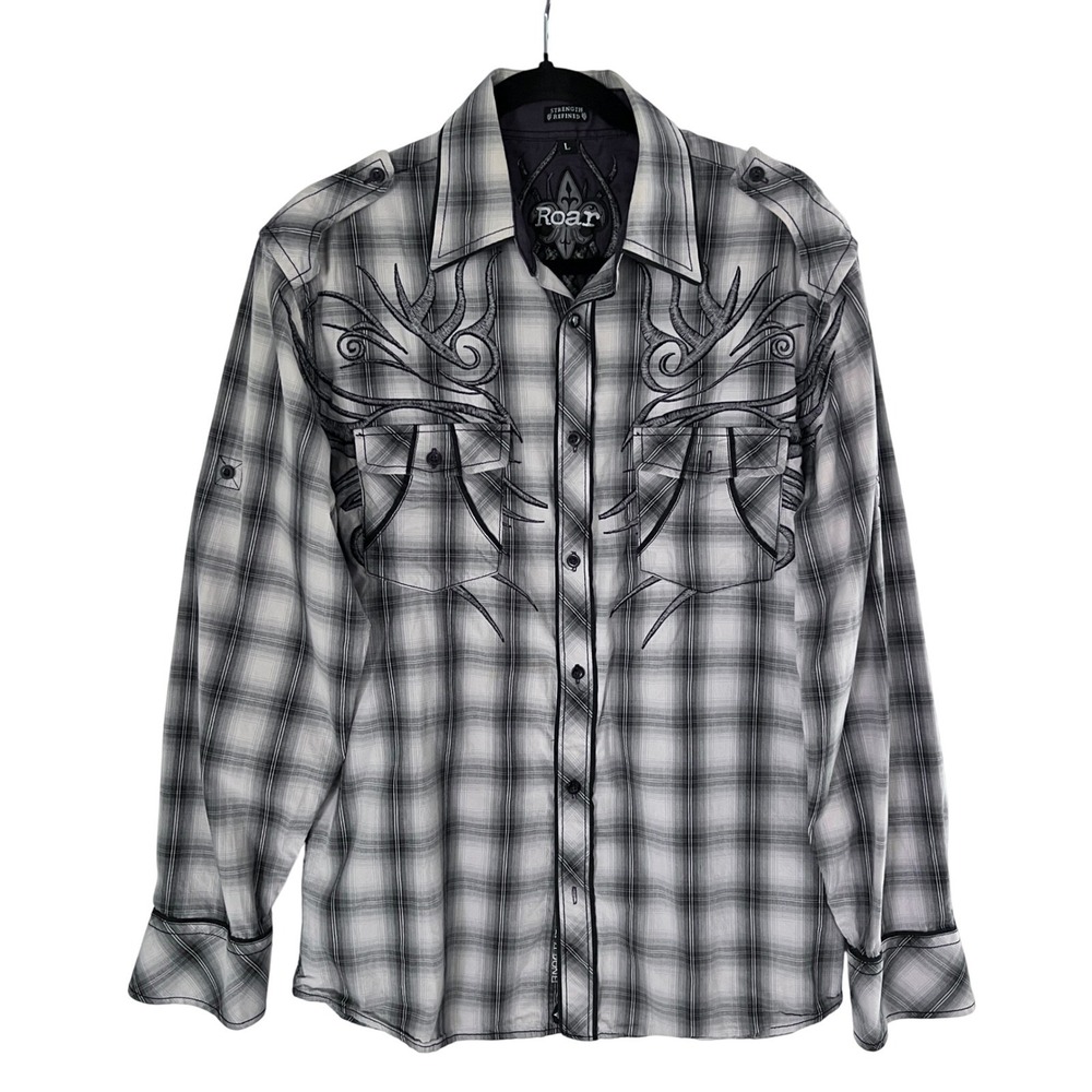 Roar Strength Refined Shirt Mens L Plaid Embroidered Long‎ Sleeve Western